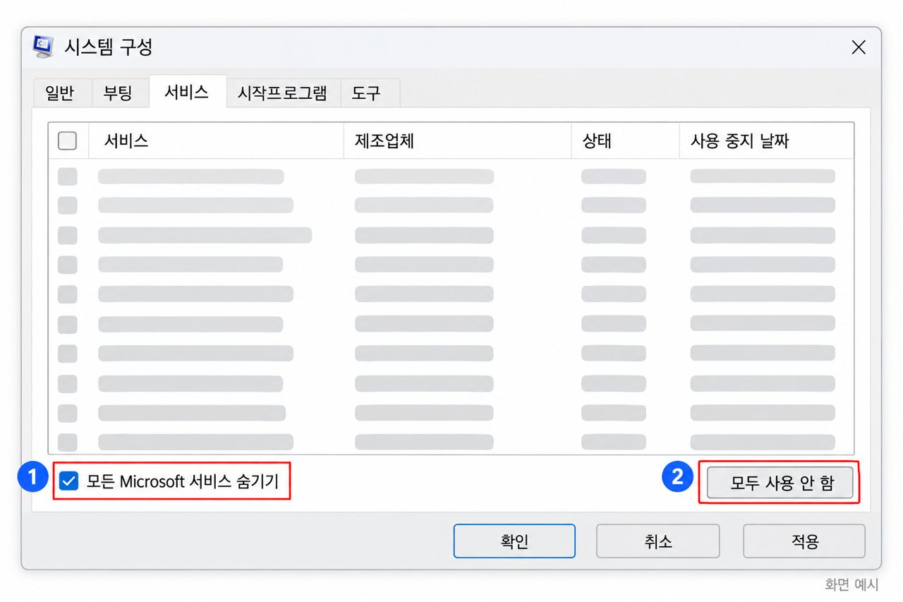 시스템 구성에서 모든 Microsoft 서비스 숨기기와 모두 사용 안 함